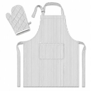 Grillschürze Set 2-teilig mit Ofenhandschuh - weiß/schwarz – Küchenschürze aus Baumwolle, verstellbar, mit Tasche – Schürze für Grillen, Backen, Küche