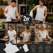 Grillschürze Set 2-teilig mit Ofenhandschuh - weiß/schwarz – Küchenschürze aus Baumwolle, verstellbar, mit Tasche – Schürze für Grillen, Backen, Küche