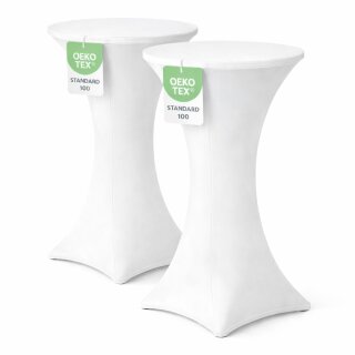 Stehtischhusse für Bistrotisch mit 4 verstärkten Fußlaschen elastisch Stretch OEKO-TEX zertifiziert  Ø 60-65x110-120 cm Weiss (2 Stück)