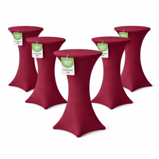 Stehtischhusse für Bistrotisch mit 4 verstärkten Fußlaschen elastisch Stretch OEKO-TEX zertifiziert  Ø 60-65x110-120 cm Bordeaux (5 Stück)