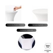 Stehtischhusse für Bistrotisch mit 4 verstärkten Fußlaschen elastisch Stretch OEKO-TEX zertifiziert  Ø 70-75x110-120 cm Weiss (5 Stück)