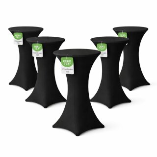 Stehtischhusse für Bistrotisch mit 4 verstärkten Fußlaschen elastisch Stretch OEKO-TEX zertifiziert  Ø 80-85x110-120 cm Schwarz (5 Stück)