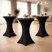 Stehtischhusse für Bistrotisch mit 4 verstärkten Fußlaschen elastisch Stretch OEKO-TEX zertifiziert  Ø 80-85x110-120 cm Schwarz (5 Stück)