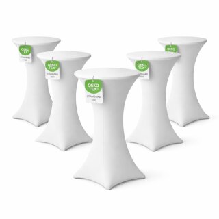 Stehtischhusse für Bistrotisch mit 4 verstärkten Fußlaschen elastisch Stretch OEKO-TEX zertifiziert  Ø 80-85x110-120 cm Weiss (5 Stück)
