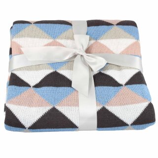 Kuscheldecke 130x160 cm – Weiche Strickdecke aus 100% Acryl, Flauschige Wohndecke mit Rautenmuster, Plaid Sofa Decke, Überwurf, Geschenk mit Schleife, Blau/Pink